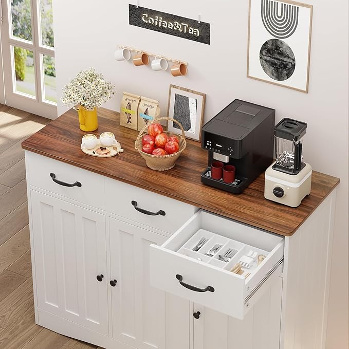 Gizoon Farmhouse Sideboard Buffet Cabinet, 42.5'' Kitchen Storage Cabinets with 3 Drawers and Barn Doors, Wood Coffee Bar Cabinet with Adjustable Shelf for Kitchen, Dining Room, Living Room, Retro