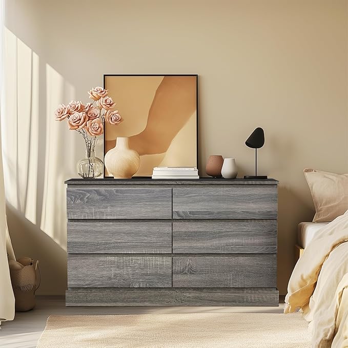 Gray Dresser for Bedroom, Modern 6 Drawer Dresser, Freestanding Wood Dressers, Wide Chest of Drawers Dressers, TV Stand with Sturdy Base Storage for Living Room, Hallway, Entryway