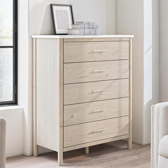 Signature Design by Ashley Cadmori Bohemian 5-Drawer Chest of Drawers with Safety Stop and Post Legs, White & Light Brown