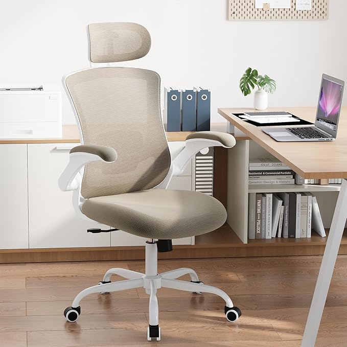 Ergonomic Office Chair with Adjustable Lumbar Support & Headrest, High Back Mesh Desk Chair with Flip-Up Armrests, Breathable & Comfortable Computer Chair for Home, Office & Study –Khaki