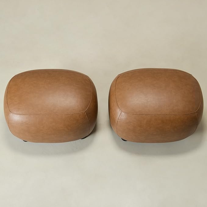 KINWELL 23" Wide Faux Leather Upholstered Ottoman Set of 2, Mid-Century Modern Living Room Footrest with Soft Padded Seat, Footstool for Bedroom, Entryway or Living Room, Camel
