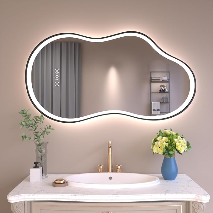 WTTY LED Irregular Bathroom Mirror 26x46 Inch with Front & Back Lights - Asymmetrical Design, Anti-Fog, Dimmable 3 Color Temperatures, Shatterproof Glass, Horizontal or Vertical Mount (Black Frame)