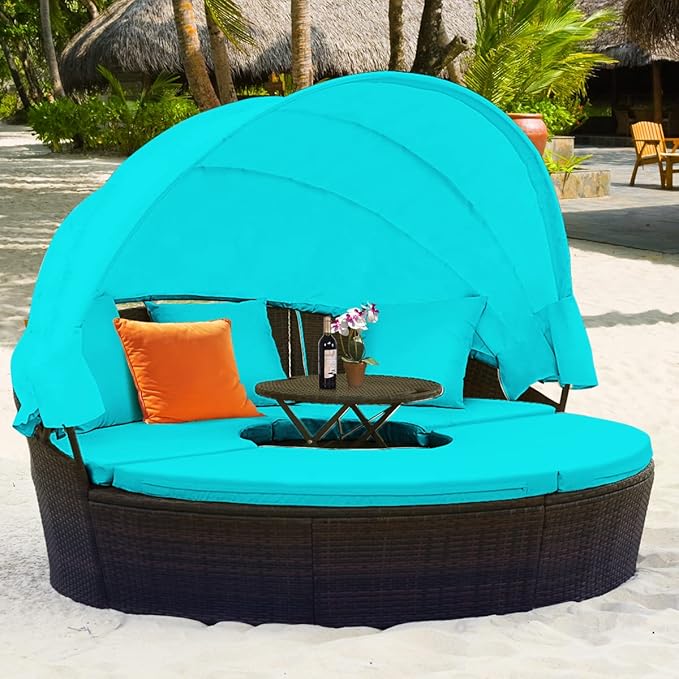COSTWAY Patio Round Daybed with Retractable Canopy, Wicker Furniture Sectional Couch with Separate Cushioned Seats, Adjustable Table Top, Patio Rattan Daybed Sofa for Poolside, Turquoise