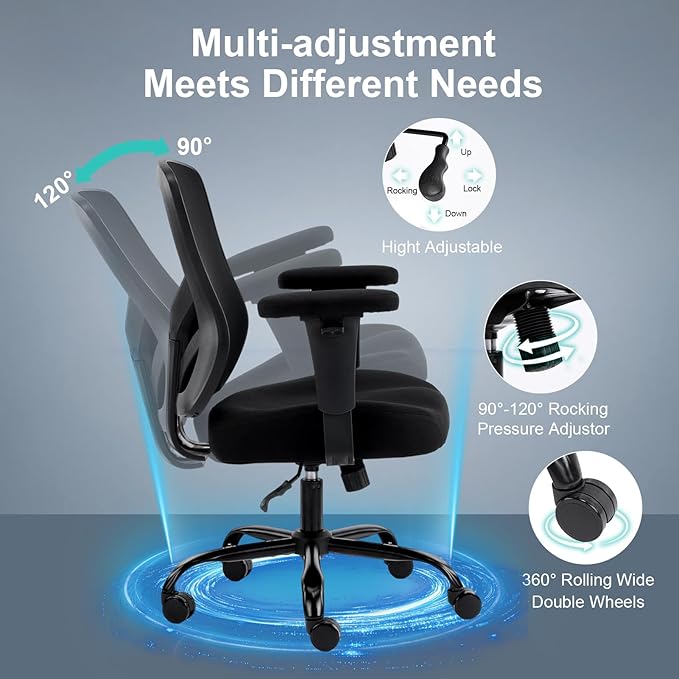 YFO Ergonomic Office Chair, Mesh Computer Desk Chair with Adjustable Back Lumbar Support and Armrests, Comfy Executive Rolling Swivel Task Chair for Home Office, Black