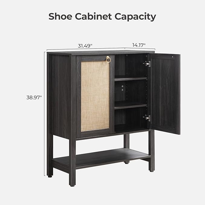 SICOTAS Shoe Cabinet with Storage - 3 Pieces Farmhouse Boho Shoe Organizer with Rattan Doors & Shelves, 5 Tier Free Standing Shoe Rack Storage Cabinet for Entryway, Hallway, Foyer, Closet (Obsidian)