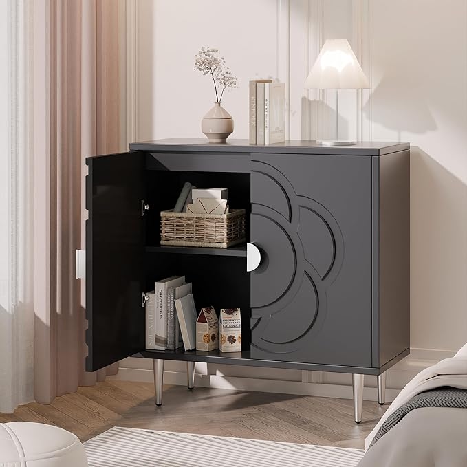 TOLEAD Storage Cabinet, Modern Sideboard Buffet Cabinet with Decorative Flower Pattern Doors, Accent Sideboard Cabinet for Living Room, Kitchen, Grey