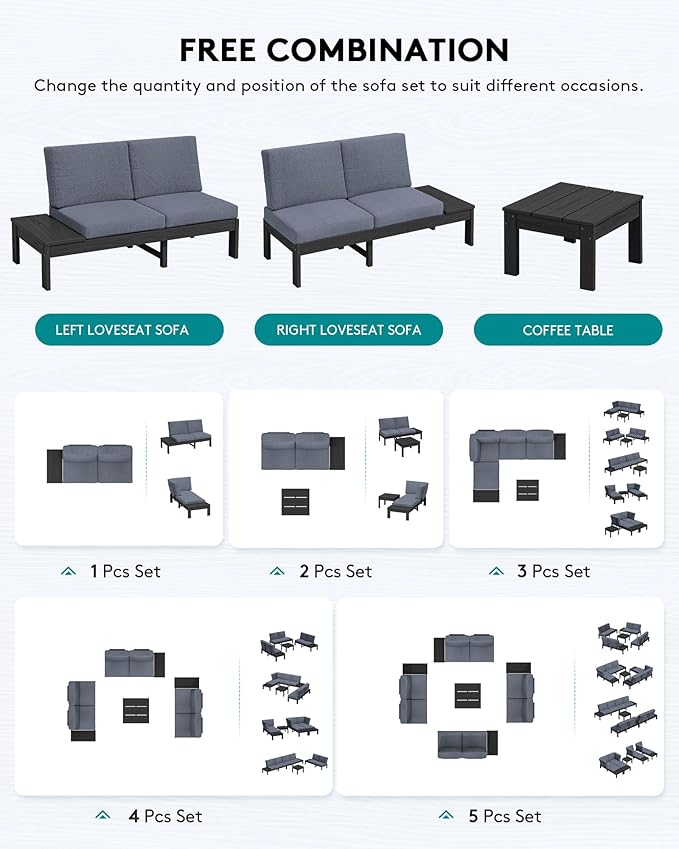 SERWALL HDPE Patio Furniture Set, Modular Outdoor Sectional Sofa Set with Built-in Side Tables, Seats 4, All-Weather Patio Conversation Set for Garden, Deck, Porch, Black Frame with Grey Cushion