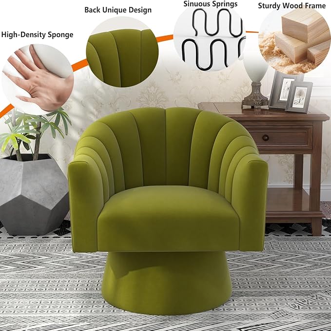 Swivel Accent Chair Set of 2, Upholstered Velvet 360° Swivel Barrel Chair for Living Room Overstuffed Bouncle Reading Chair Round Armchair for Bedroom,Vanity,Office (Grass-Green)
