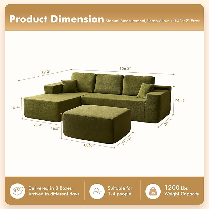 106" Cloud Sectional Couch with L-Shape Chaise & Ottoman, No Assembly Modular Sofa, Deep Seat Corduroy Boneless Couched for Living Room (Green Cloudy Velvet, Left Facing Chaise with Ottoman)