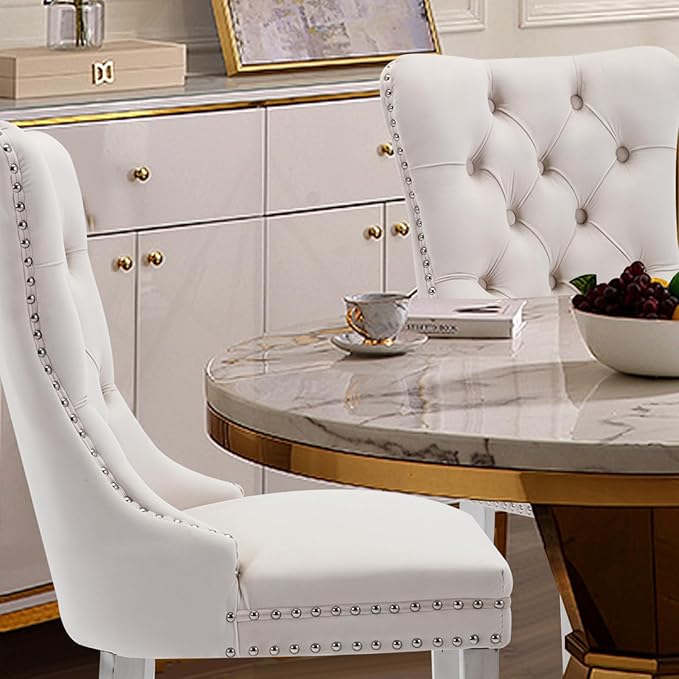 Velvet Upholstered Dining Chairs Set of 2, Modern Style Kitchen Side Chairs with Nailhead Trim and Silver Plated Leg, Metal Pulling Ring for Dining Room Living Room(Creamy White)