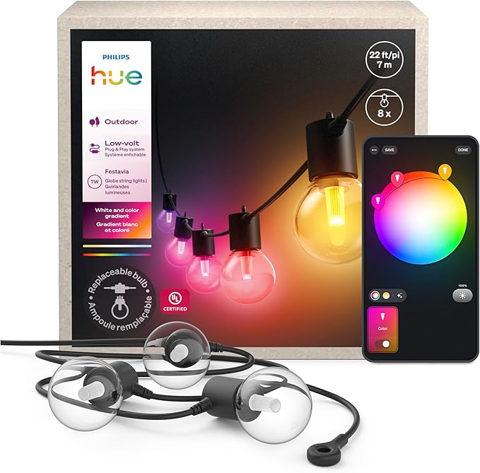 Philips Hue Festavia Globe Outdoor String Lights, White & Color Ambiance, 22ft,8 Bulbs, Dimmable, Control with Hue App or Voice, Bridge Required