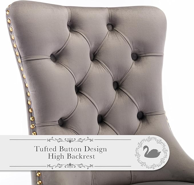 Velvet Upholstered Dining Chairs Set of 4, Modern Style Kitchen Side Chairs with Nailhead Trim and Gold Plated Leg, Metal Pulling Ring for Dining Room Living Room(Gery-Gold Plated Leg)