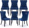 Velvet Upholstered Dining Chairs Set of 6, Modern Style Kitchen Side Chairs with Nailhead Trim and Wood Legs,Metal Pulling Ring for Dining Room Living Room(Blue,Set of 6)