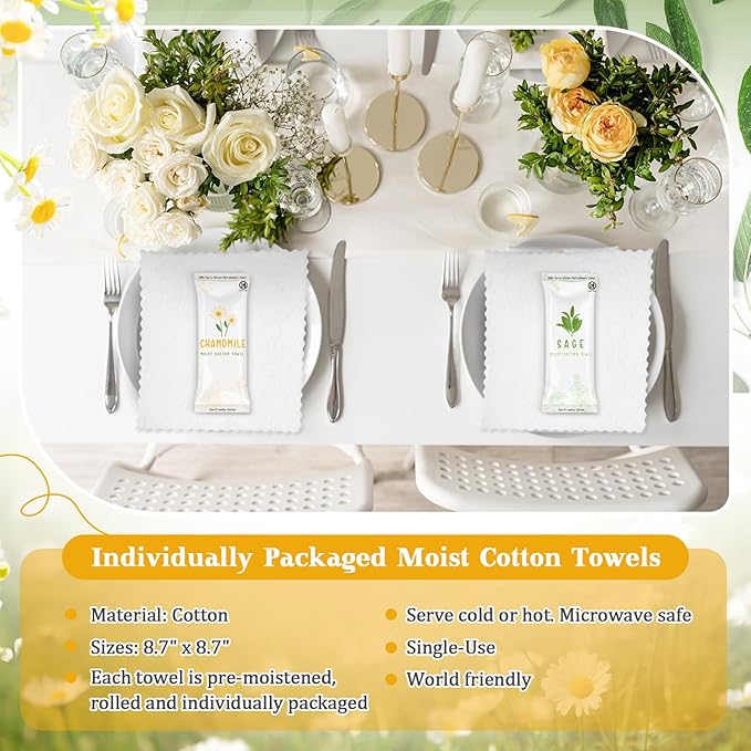 Timgle 50 Pcs Moist Towelettes Individually Wrapped Scented Disposable Face Towels Essential Oil Infused Moist Terry Cotton Towel for Use Hot or Cold Travel Body Spa(Sage, Chamomile)