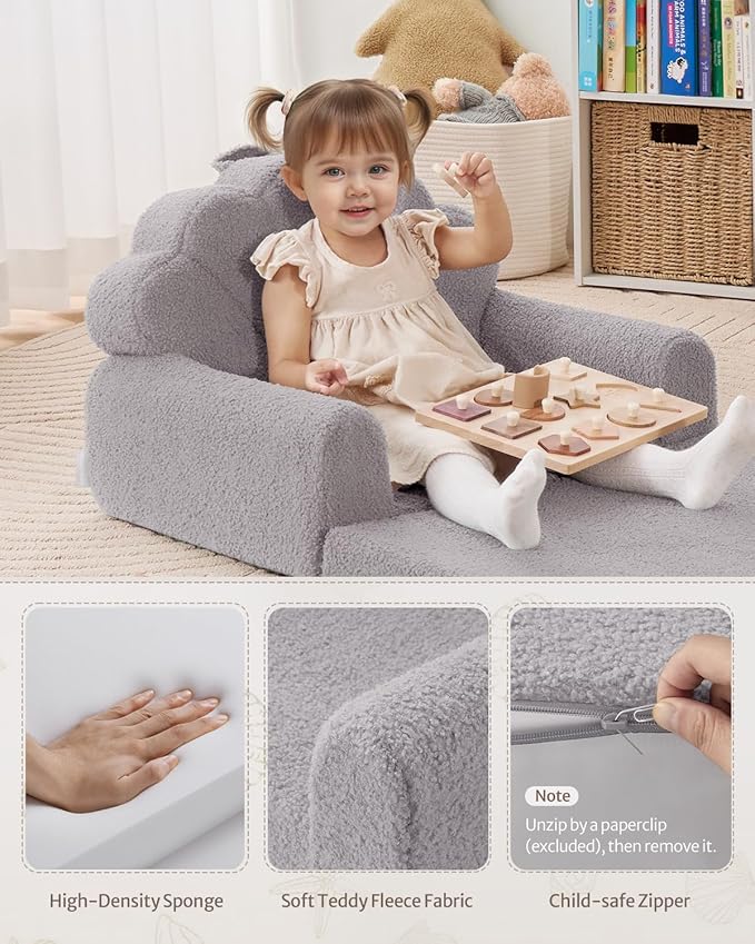 Blissful Diary Foldable Toddler Couch, 2-in-1 Comfy Toddler Chair & Lounger for Reading, Nap, Playroom, Kids Couch Sofa for 1 2 3+ Year Old Girls Boys Baby Birthday Gift, Gray Shell