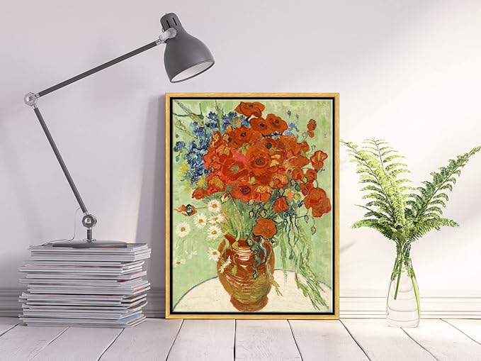 Wieco Art Framed Wall Art of Red Poppies and Daisies by Vincent Van Gogh Paintings Reproduction Abstract Canvas Prints for Home Living Room Decorations Bronze Gold Frame