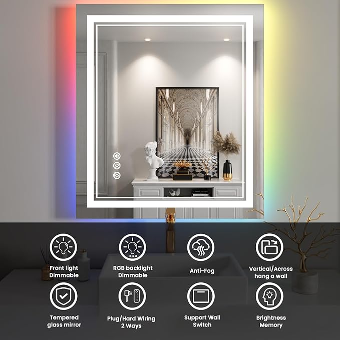 32x36 inch LED Bathroom Mirror with RGB Lights Color Changing Backlit Mirror Shatterproof Dimmable Anti-Fog Lighted Vanity Mirror (RGB Multicolor Backlit + Adjustable Front-Lighted)