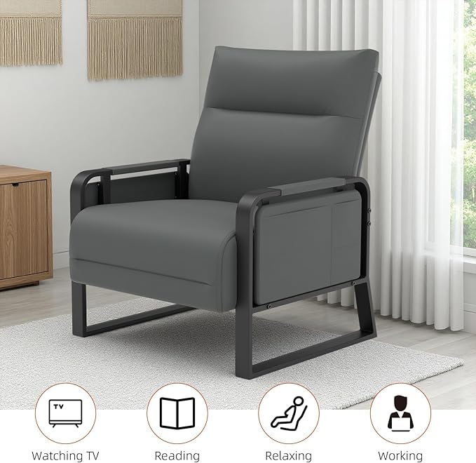 Upholstered Accent Chairs Set of 2, Modern Faux Leather Sofa Chairs with Foldable Side Tray Table & Storage Pocket, Small Accent Sofas for Living Room, Bedroom, Gray
