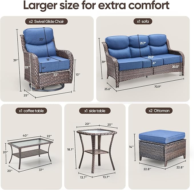 Swivel Patio Chairs sofa Set of 9 with 6" Thick Cushion - Wicker Outdoor Swivel Rocker Patio Chair ,Sofa/Glass coffee table, High Back Comfortable Outdoor Glider Chairs -Brown Wicker Blue Cushion