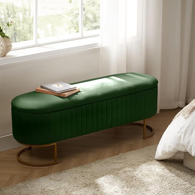 EcoHarbor Living 50.5" Velvet Bedroom Storage Bench Ottoman, Upholstered End of Bed Bench with Gold Legs,Entryway Footrest Seat