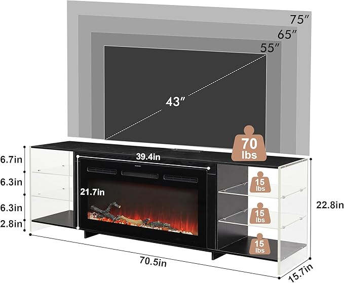 VECELO Fireplace TV Stand for Televisions up to 75" with 3D Flame/13 Colors, Modern Media Entertainment Center Console Table with LED Lights, 3 Tier Transparent Storage Shelves, for Living Room, Black