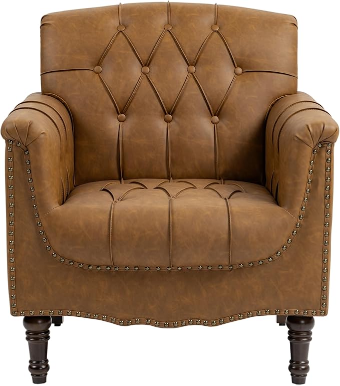 UIXE Faux Leather Accent Chairs Set of 2, Comfy Club Chair Upholstered Armchair for Living Room, Button Tufted Arm Chair Retro Single Sofa Side Reding Seat for Bedroom - Camel