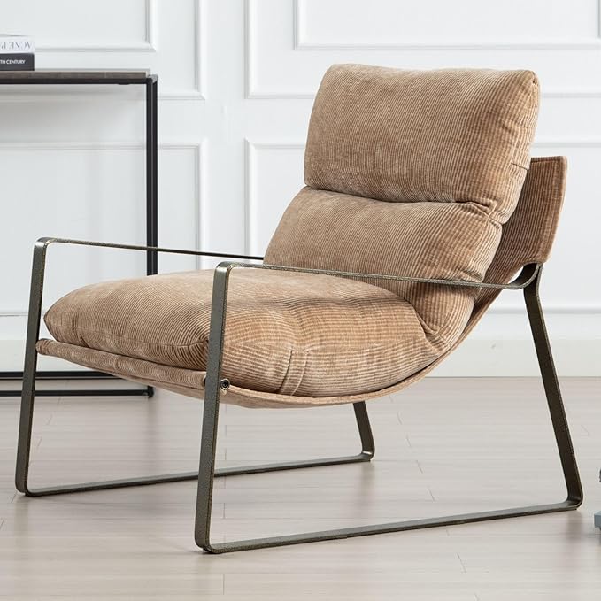 LukeAlon Modern Chenille Accent Armchairs Set of 2, Upholstered Lounge Chairs with Brass Metal Frame Thickened Cushion Single Sofa Chair Comfy Leisure Chair for Bedroom Living Room, Khaki