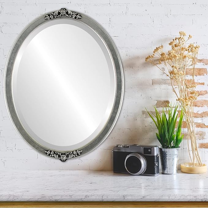 OVALCREST Oval Beveled Wall Mirror for Home Decor - Athena Style - Silver Leaf with Black Antique - 21" x 17" Outside Dimensions