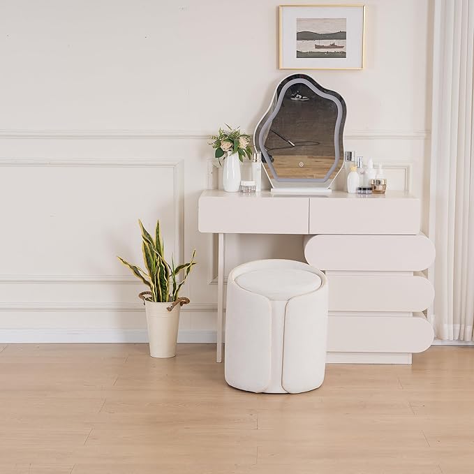 Swivel Vanity Stool with Gold Base Comfy Vanity Chair Modern Round Stool for Makeup Vanity Ottoman Foot Rest for Bedroom livingroom, Beige