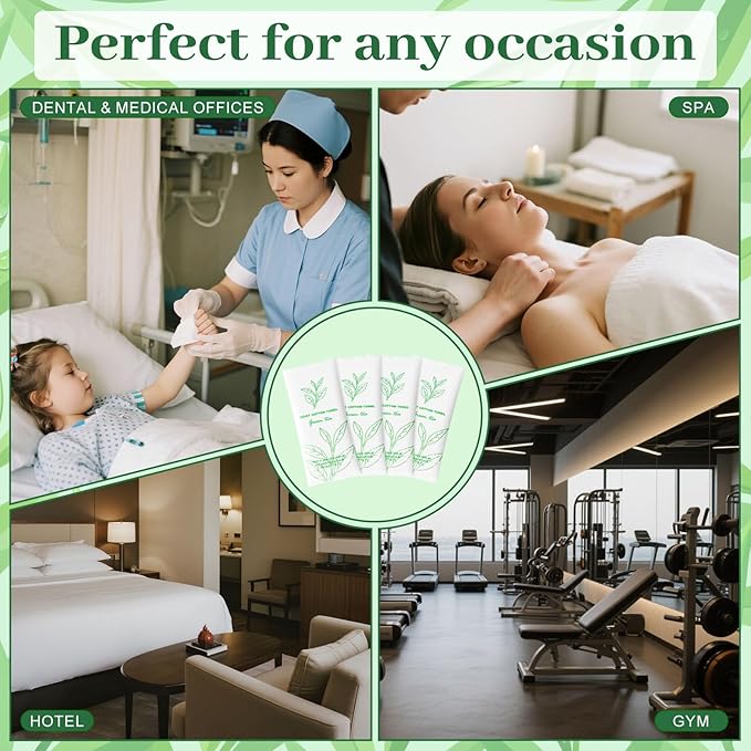 Moist Cotton Towel Bulk Moist Towelettes Individually Wrapped,White Towel Services,Refreshment Pre Moistened Towels for Dentist Travel Sport Party Hotel 200，Green tea