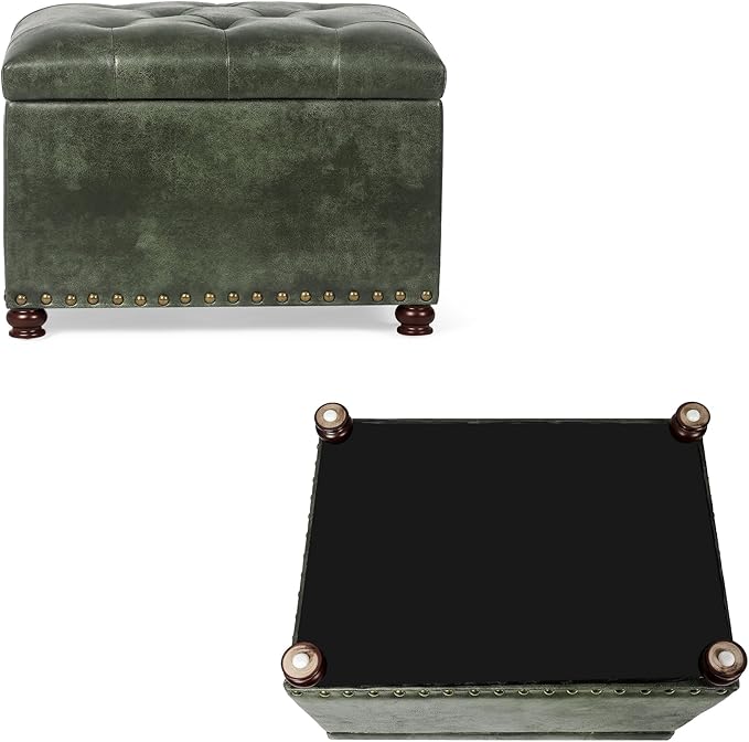 24'' Leather Ottoman with Storage Rectangle Foot Rest Ottomans Stool for Living Room(Green,Leather Texture)