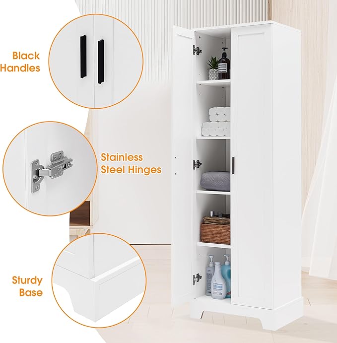 Tall Storage Cabinet, Bathroom Floor Freestanding Storage Cabinet with 2 Doors, 5 Shelves, and Adjustable Shelves for Bathroom, Office, Living Room, White