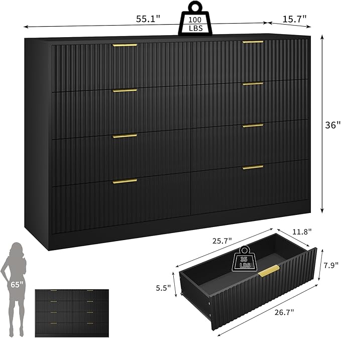 Black Dresser for Bedroom with 8 Drawer, 55” Wide Fluted Double Drawer Dresser Modern Chest of Drawers with Gold Handle, Wood TV Stand for Bedroom, Living Room, Black