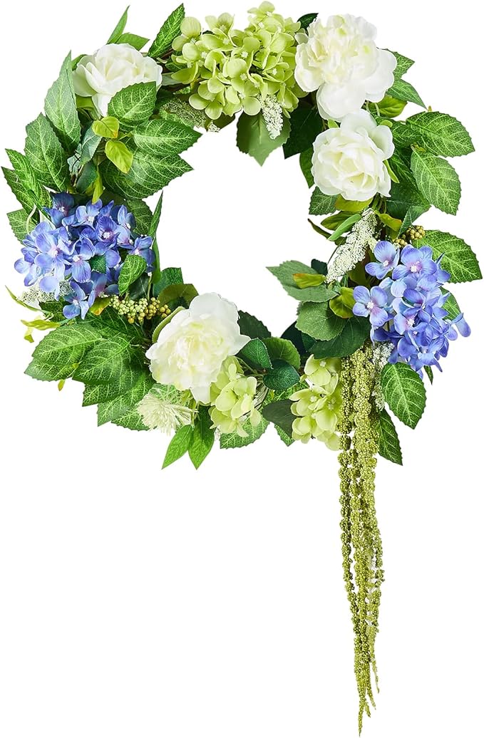 VEVOR Spring Wreath for Front Door 24 Inch - Artificial Hydrangea Wreath with Peonies, Year-Round All Season Outdoor Indoor Decor (Blue White Green Summer Floral)