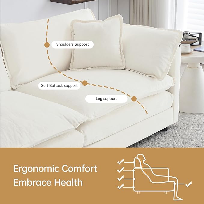 Modular Sectional Sofa, 146.5 Inch U-Shaped Cloud Sofa with Deep Seat Chenille Sofa with Cushions, Four Seater Sectional Sofa for Living Room Apartment,White
