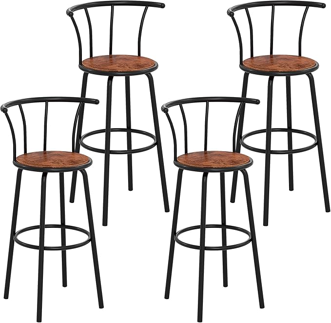 VECELO Bar Stools Set of 4, Swivel Counter Barstools with Backrest, Bar Height Chairs for Dining Room, Kitchen Island, Pub, Easy Assembly, Brown