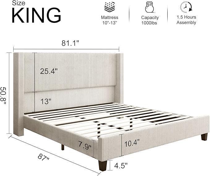 HOWE King Size Upholstered Platform Bed Frame, Wingback Bed with 50.8" Headboard, Corduroy/Solid Wood Leg/No Box Spring Needed/Noise Free/Cream