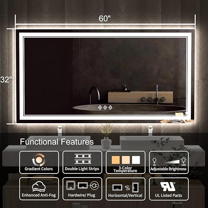 LED Bathroom Mirror, 60x32 Inch Gradient Front and Backlit Bathroom Mirror, 3 Colors Dimmable CRI>90 Double Lights, IP54 Enhanced Anti-Fog, Hanging Plates Wall Mount Lighted Mirror
