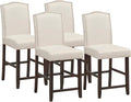 COSTWAY Bar Stools Set of 4, 25'' Upholstered Counter Height Bar Stools with S-Shaped Spring Thick Cushion, Rubber Wood Legs, High Back Leisure Chairs for Living, Kitchen, Dining Room (Beige, 4)