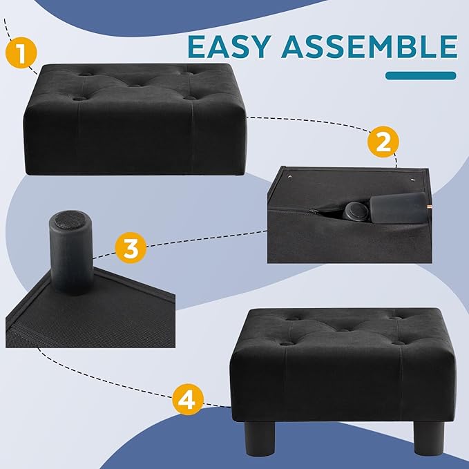 Small Foot Stool Ottoman, Velvet Footstool Ottoman Foot Rest for Couch, Rectangle Footstools and Ottomans Small for Living Room, Entryway and Bedroom (Black)