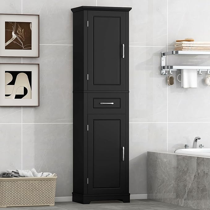 Bathroom Tall Storage Cabinet, Floor Freestanding Storage Cabinet with 2 Doors, One Drawer, Door Shelve Design, and Adjustable Shelf for Bathroom, Office, Multi-Use Organizer, Black