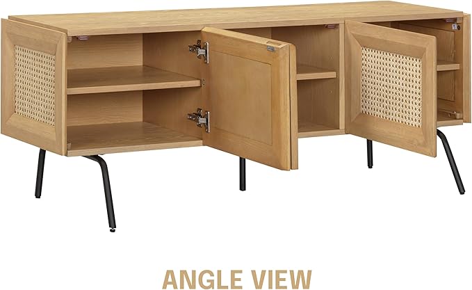 NTC Mossic TV Media Cabinet with 3 Doors for TVs, Entertainment Center with Natural Rattan, Metal Legs, Modern Storage Console for Living Room and Bedroom, Effortless Assembly, Sand