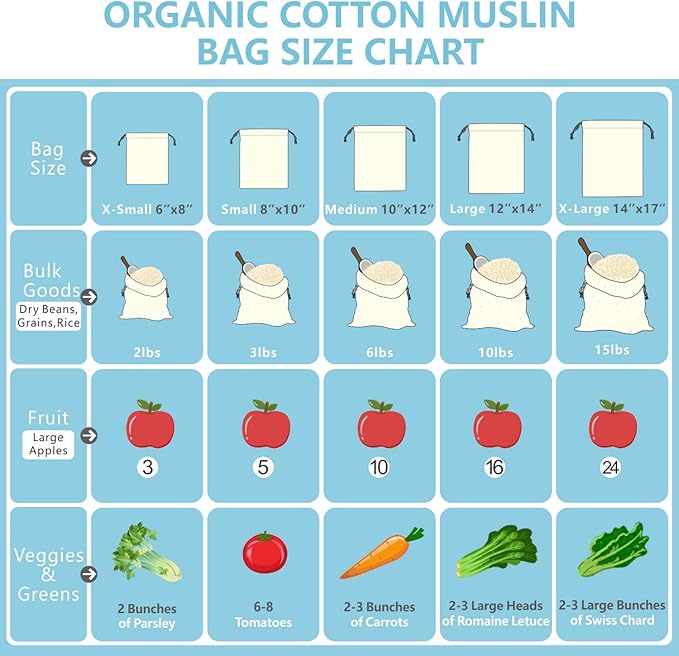 TOPDesign 6-Pack 14” x 17” Reusable Produce Bags, Muslin Bags with Drawstrings for Shopping & Storage, 100% Natural Cotton Bags, Washable, Biodegradable, Food Safe