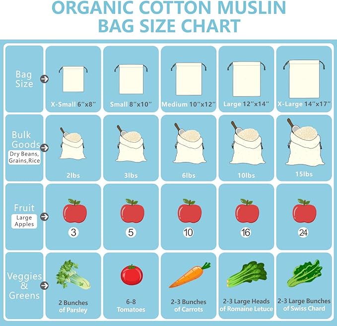 TOPDesign 10-Pack 10” x 12” Reusable Produce Bags, Muslin Bags with Drawstrings for Shopping & Storage, 100% Natural Cotton Bags, Washable, Biodegradable, Food Safe