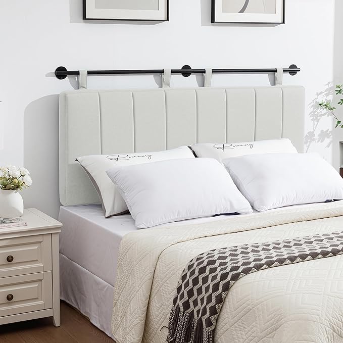UEV Queen Headboard Only, Wall Mounted Hanging Upholstered Bed Head Board, Modern Vertical Channel Design of Fine Linen, Elegant Light Yellow Fluted Headboard for Bedroom (Light Yellow, Queen Size)