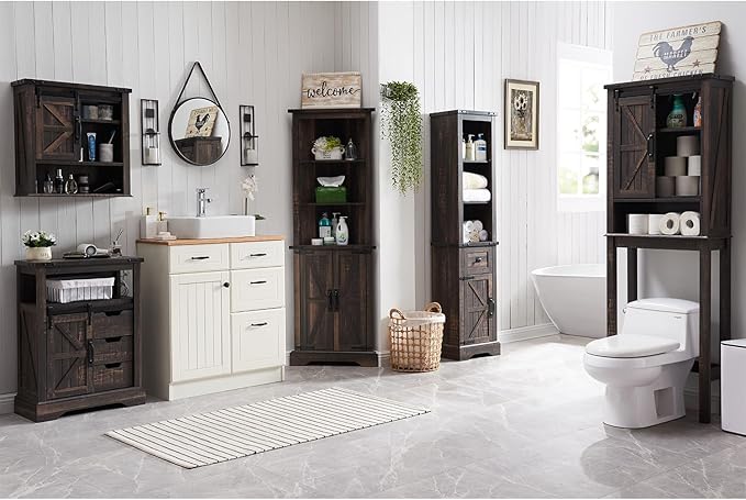 OKD Over The Toilet Storage Cabinet, Farmhouse Storage Cabinet Over Toilet with Sliding Barn Door & Adjustable Shelves, Home Space Saver for Bathroom, Living Room, Dark Rustic Oak