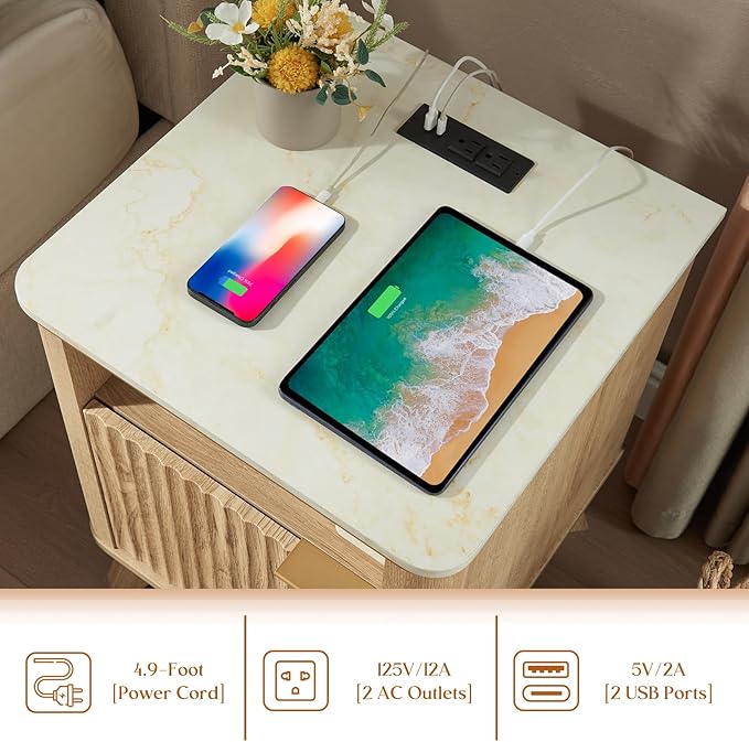 QUW Fluted Nightstands with Charging Station, 18" Modern Side Table, Wooden Bedside Table with Faux Marble Top, Open Storage, Cabinet, End Table for Bedroom, Living Room, Natural Oak