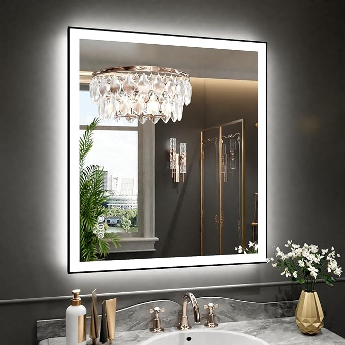 WTTY 32"X36" LED Bathroom Mirror with Black Frame, Bathroom Vanity Mirror with Lights for Wall, Front Light and Backlit, Anti-Fog, Dimmable, 3 Colors, Shatterproof, Memory, Horizontal/Vertical