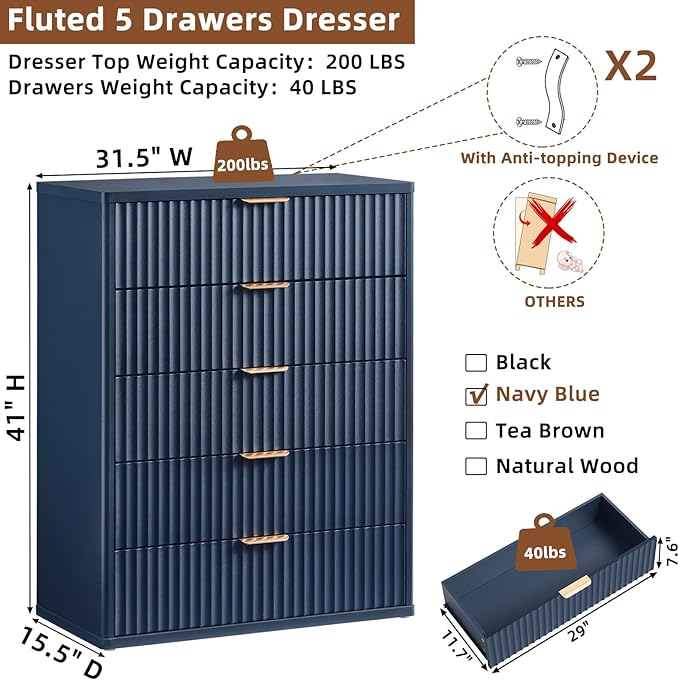 LEYAOYAO Fluted 5 Drawers Dresser for Bedroom, 41" Tall Modern Chest of Drawers with Metal Handle, Curved Profile Farmhouse Closet Organizer Wood Dressers TV Stand for Living Room, Hallway, Navy Blue
