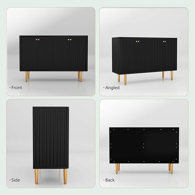 HLR Sideboard Buffet Cabinet, 48" Modern Accent Cabinet with 4 Door and Removable Shelves, Credenza with Storage for Living Room, Dinning Room, Entryway, Black